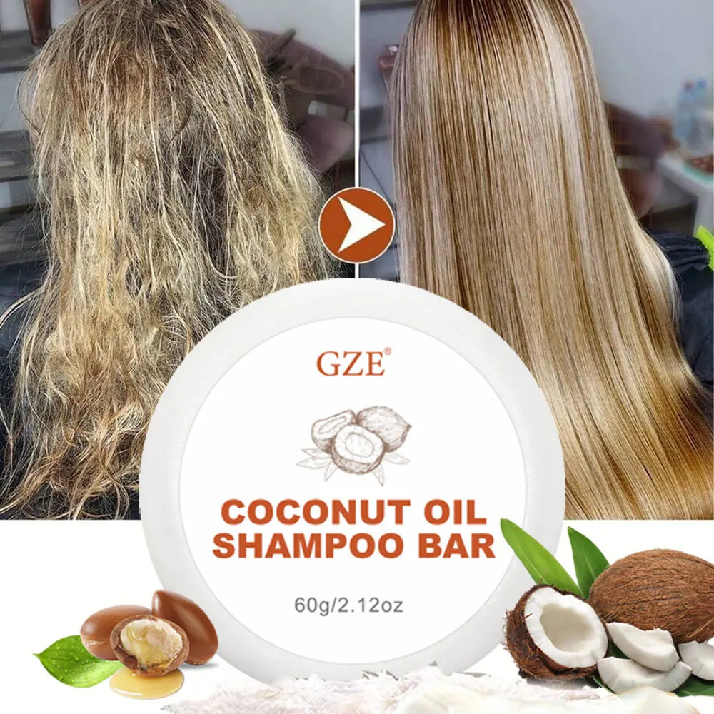 Coconut oil shampoo bar with hair and ingredient graphics