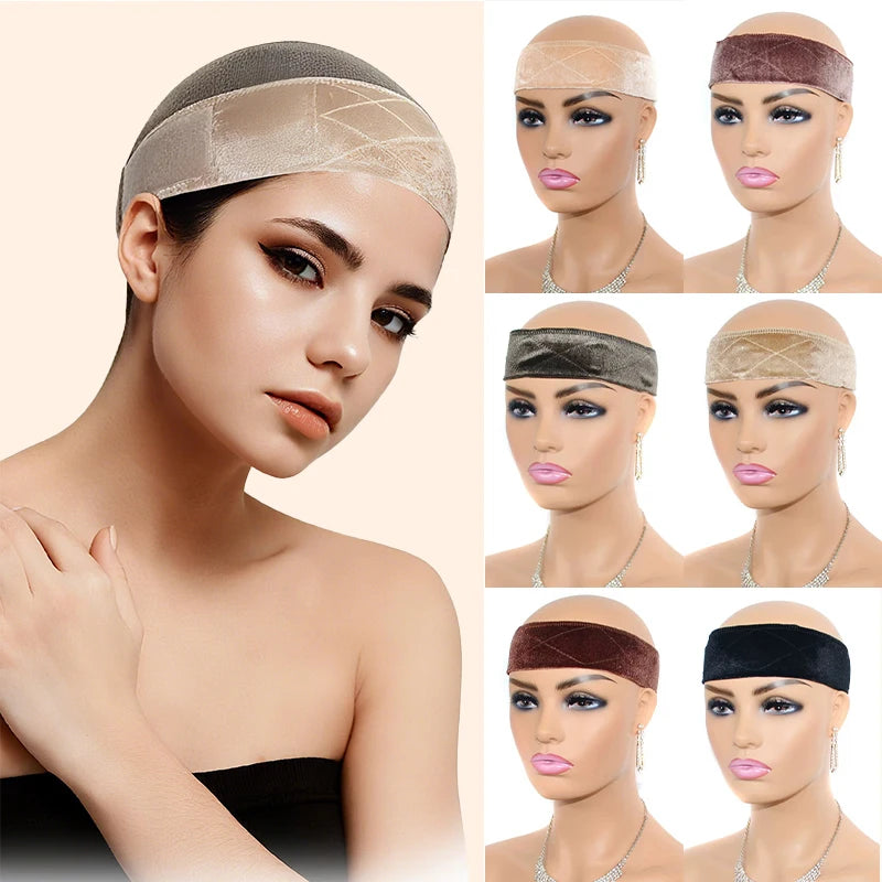 Wig grip headband shown worn on a model with fastening details