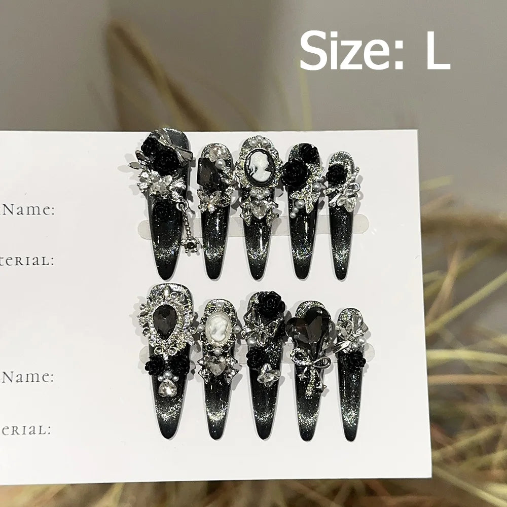 Gem-encrusted press-on nail set with size label