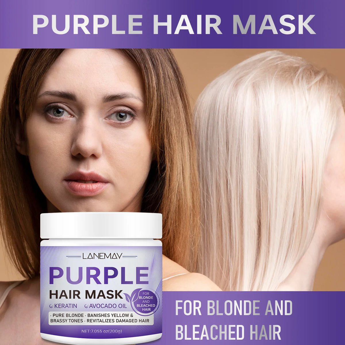Purple hair mask with hair color and application examples