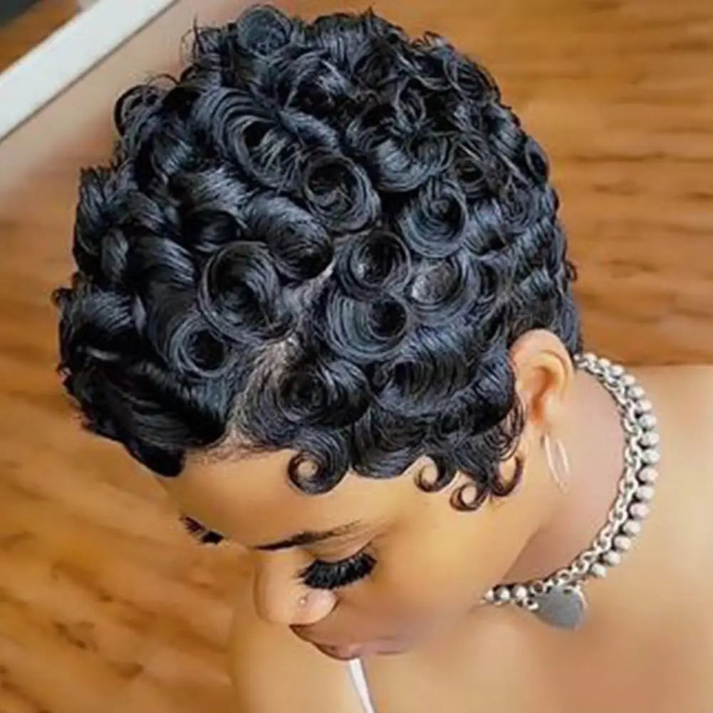 Short curly wig styled on a model