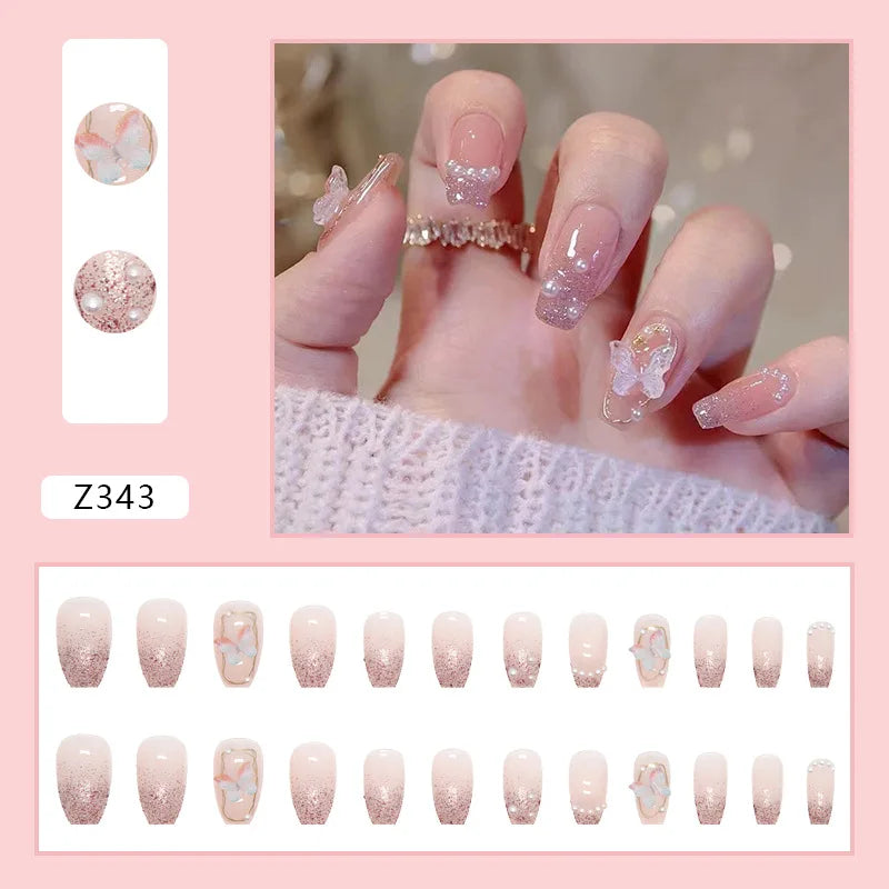 Pink press-on nail set with manicure example