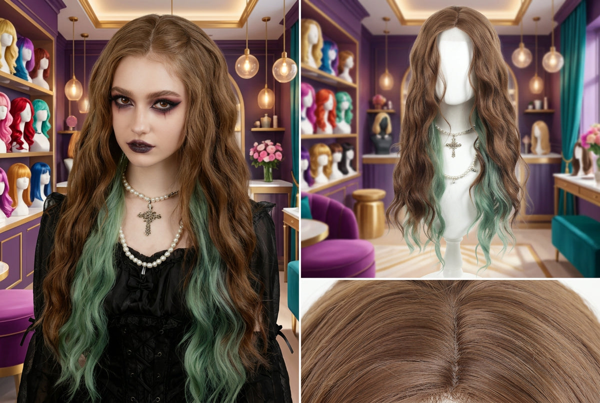 Cosplay wig shown with front, back or styling views