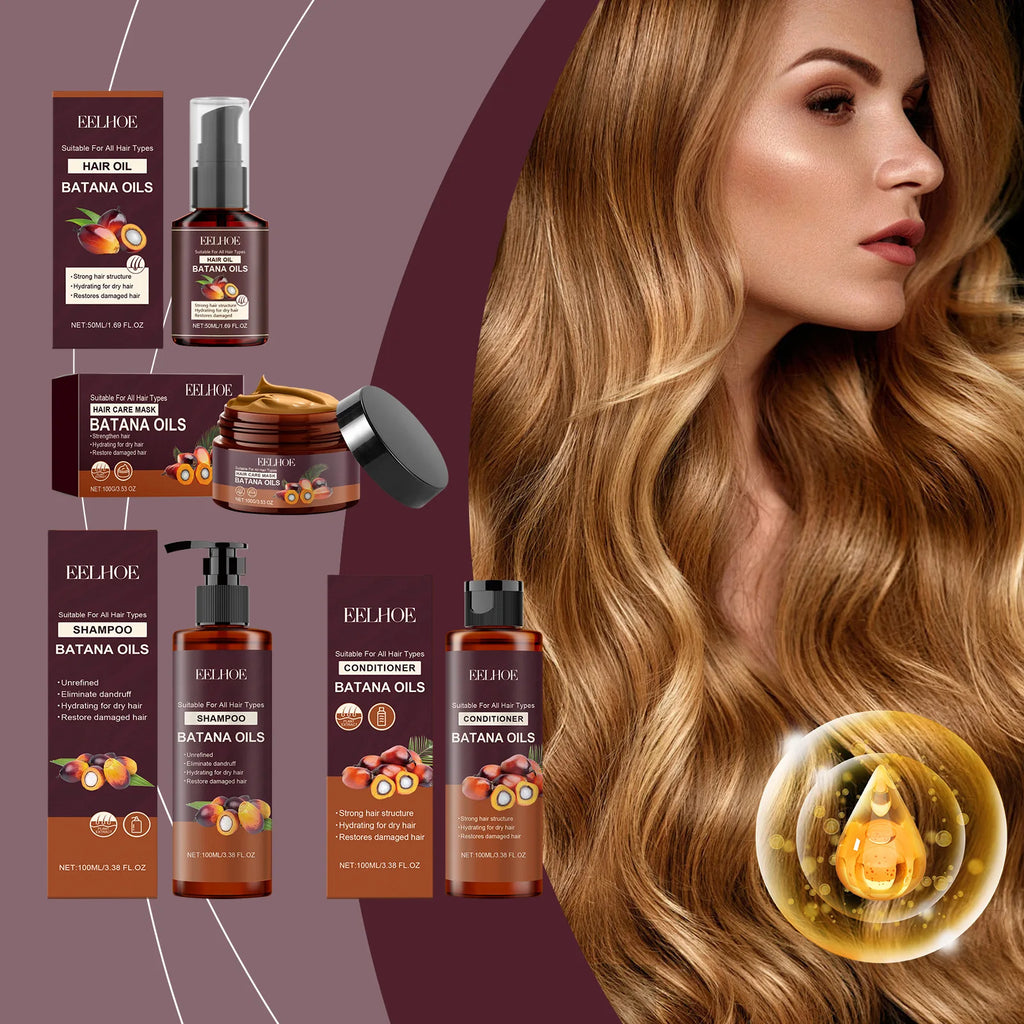 Batana hair care products with hairstyle and use illustrations
