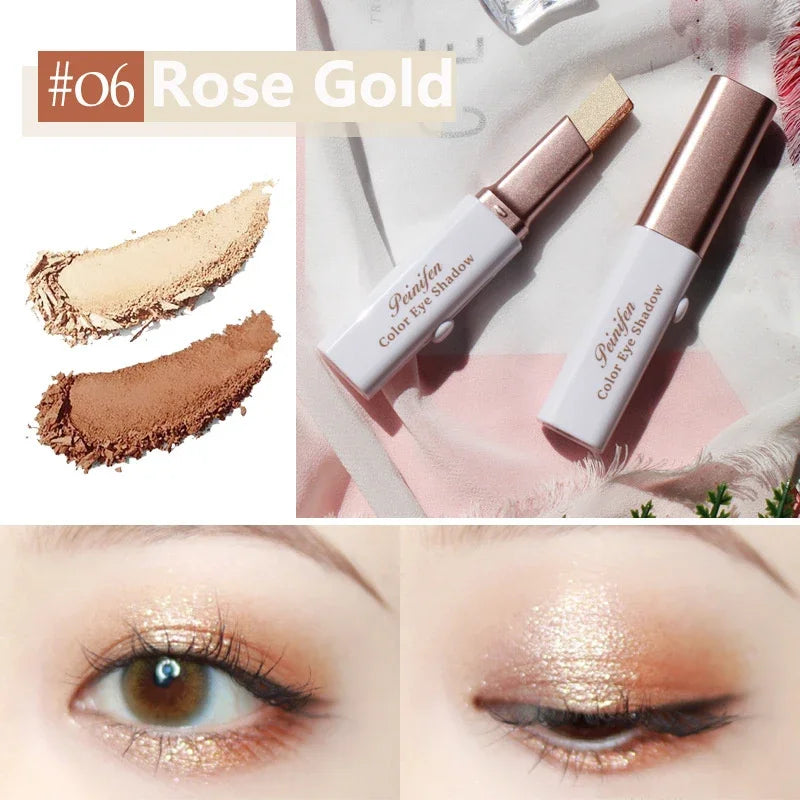 Dual-color eyeshadow stick with swatches and eye makeup example