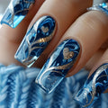 Colorful marine and summer-themed nail designs shown on hands
