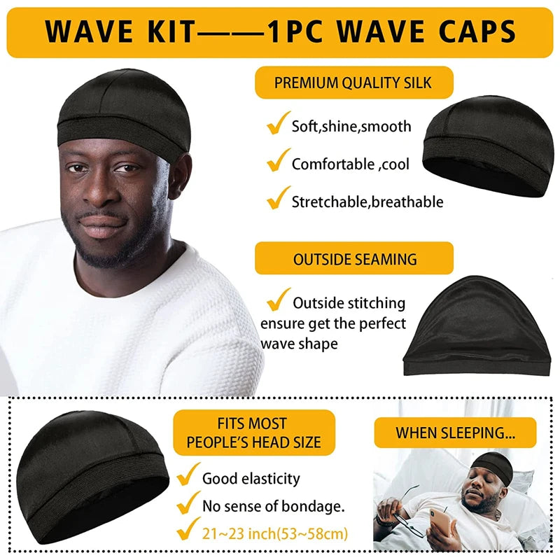Wave styling kit components with hairstyle examples