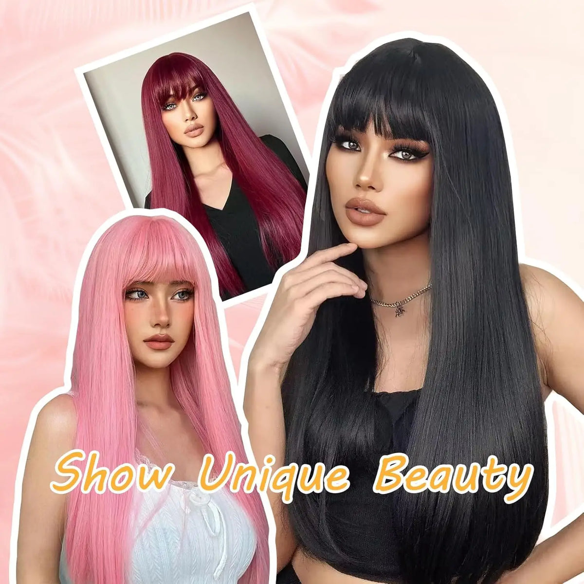 Long straight wig with bangs and styling examples