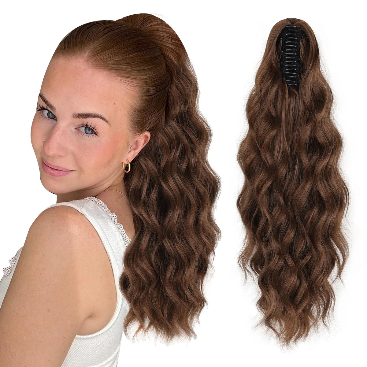 Wavy ponytail extension color shown with styling example