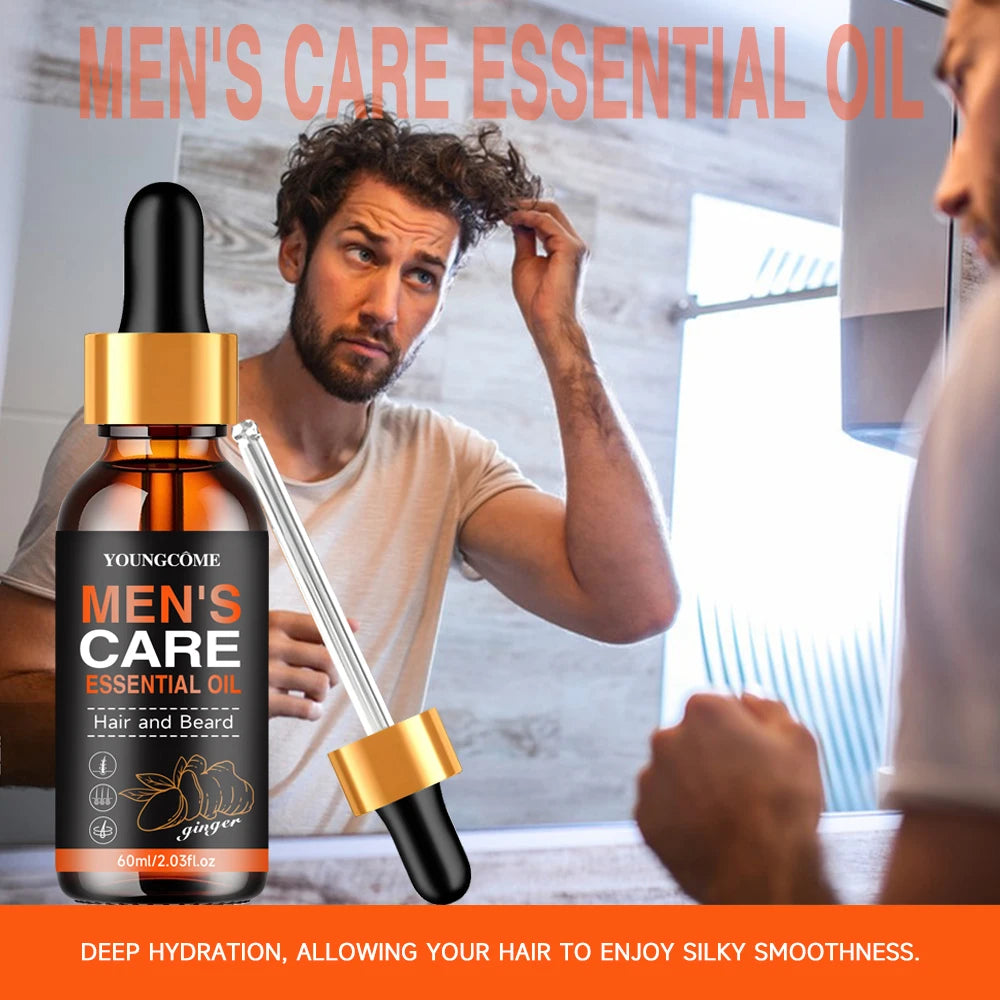 Men's care oil bottle with grooming, ingredient and application graphics