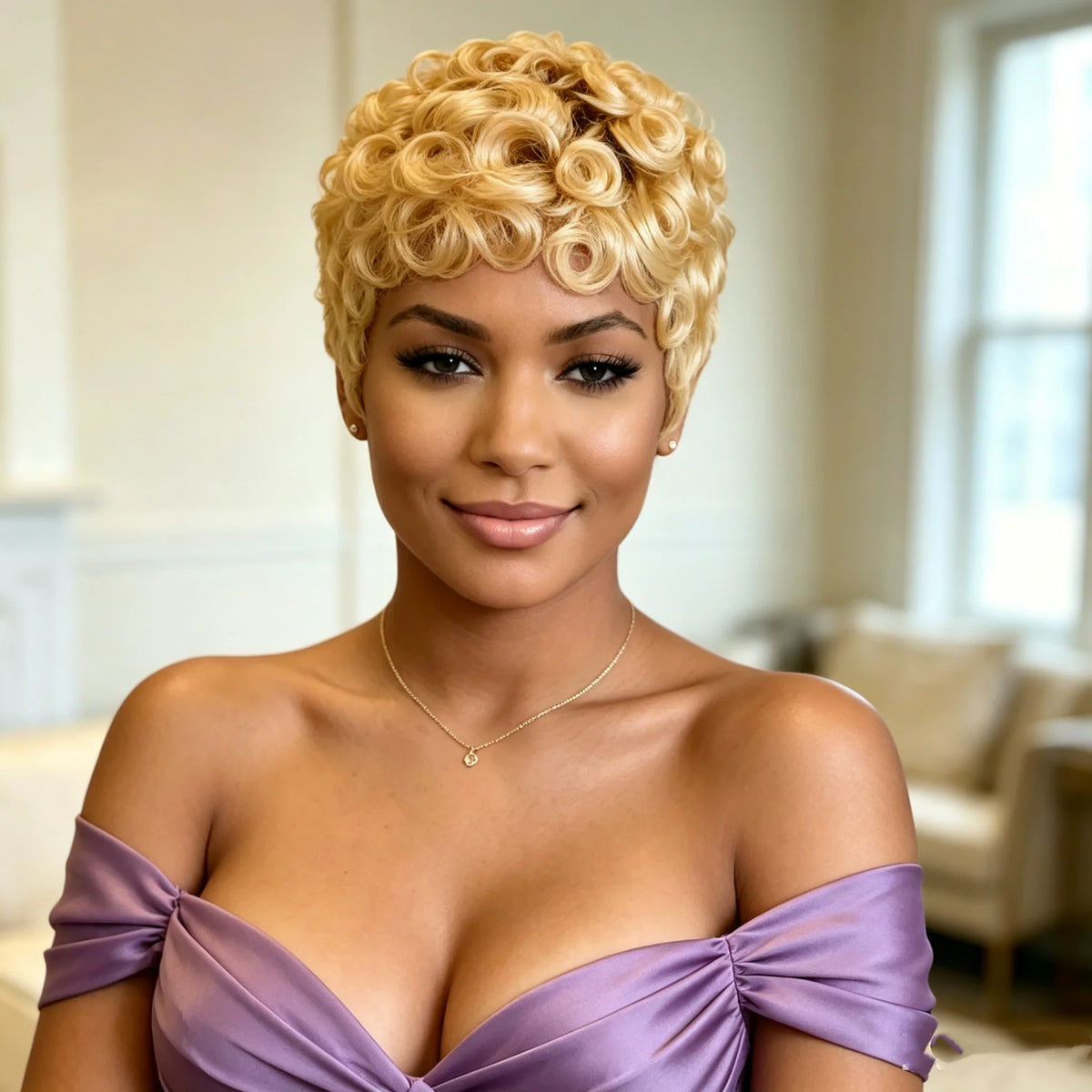 Short curly wig styled on a model