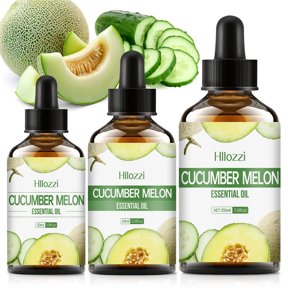 Cucumber melon oil with texture, ingredients and use illustrations