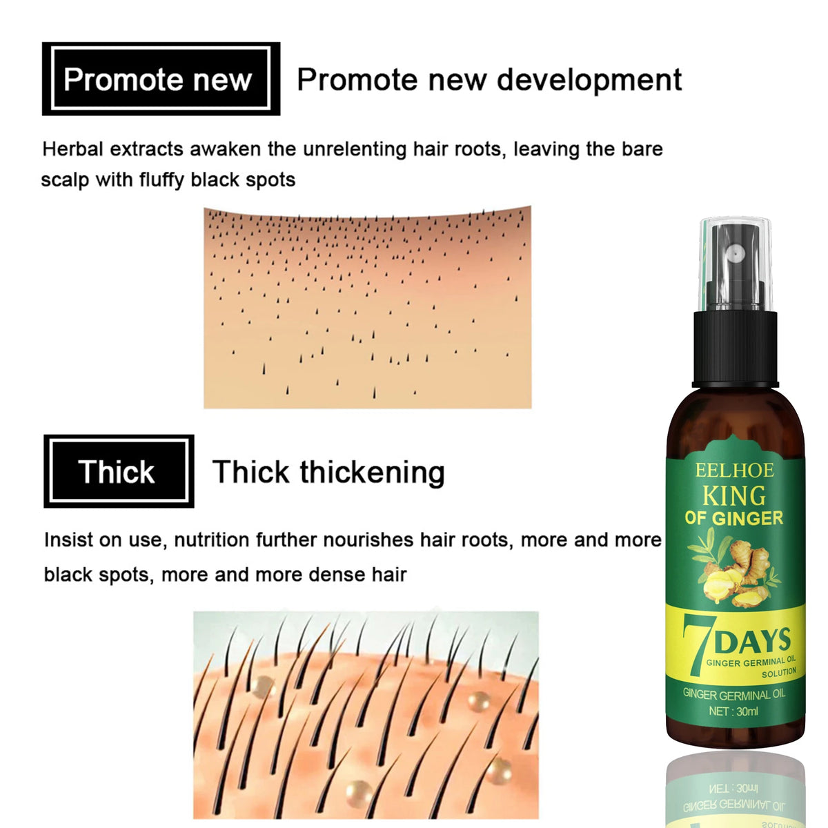 Hair oil bottle with scalp application and promotional graphics