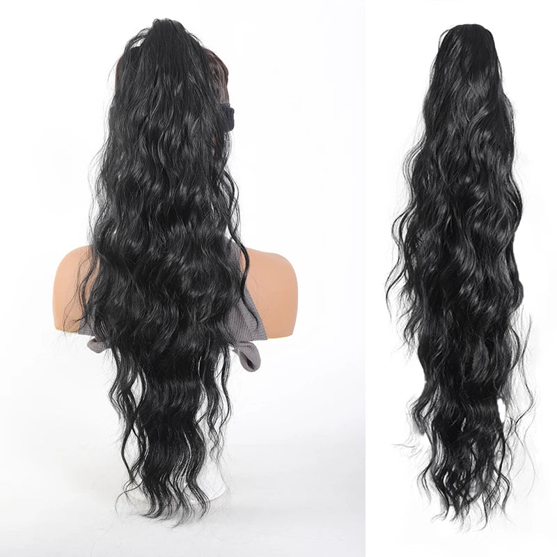 Long wavy ponytail extension shown on a mannequin and laid out