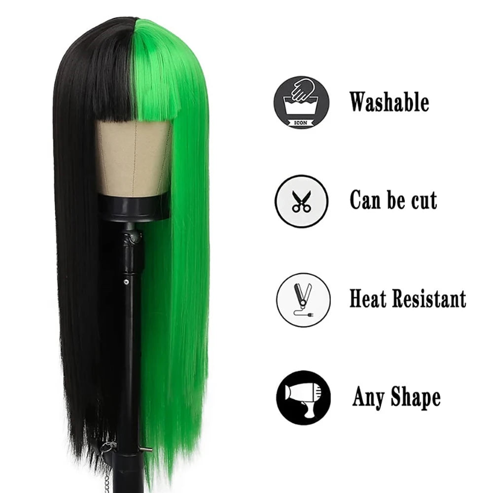 Long black and green straight wig with bangs
