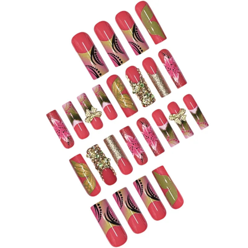 Decorated press-on nails arranged in rows