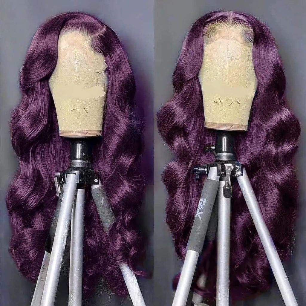 Long purple wavy wig with styling examples