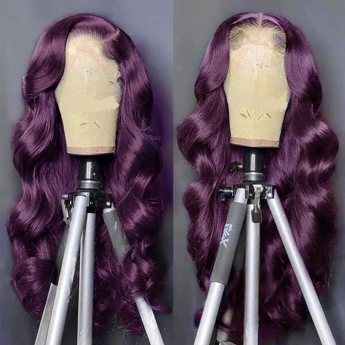 Long purple wavy wig with styling examples