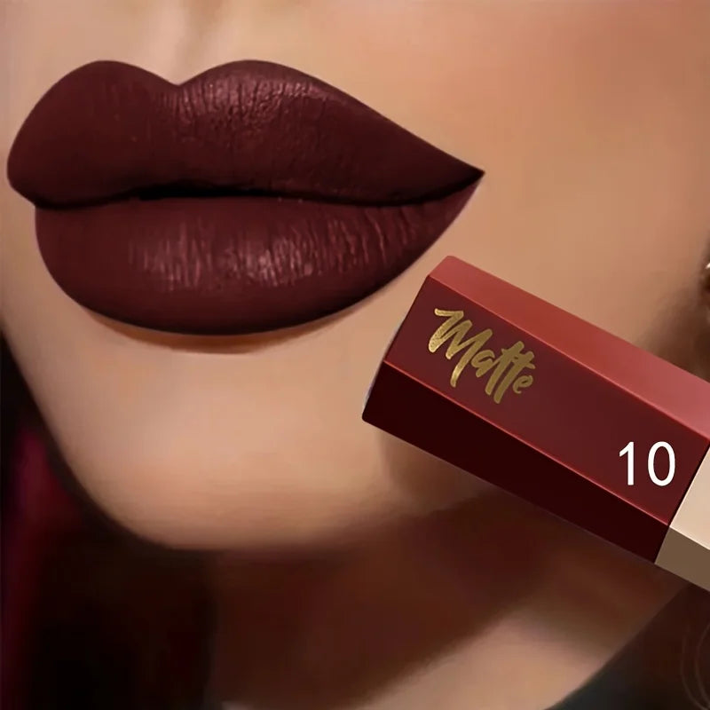 Liquid lipstick shade shown on lips beside its numbered tube
