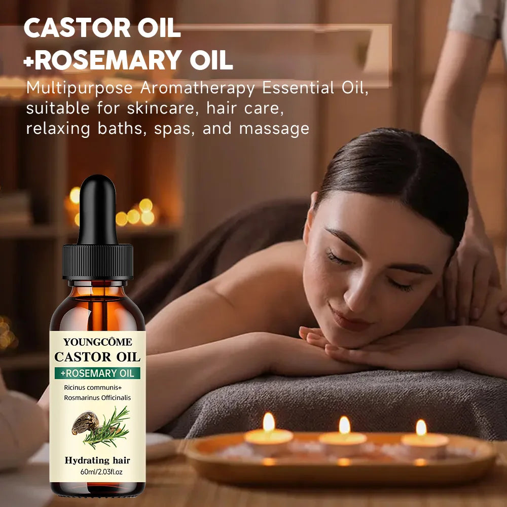 Castor and rosemary hair oil with ingredient and use illustrations