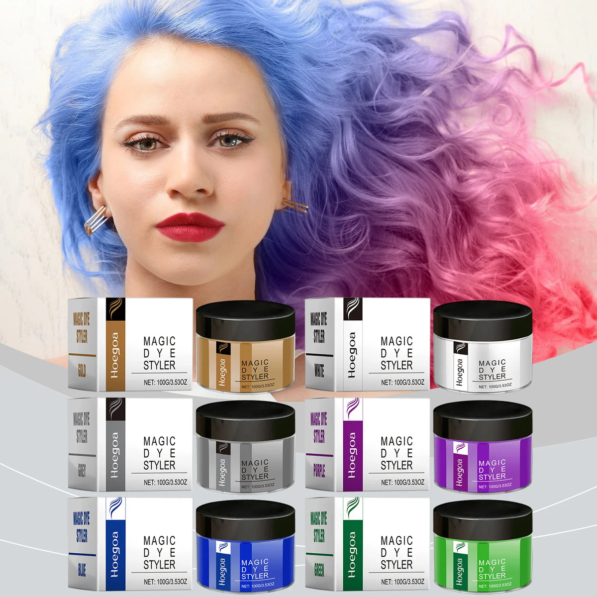 Hair color wax jars with color and hairstyle examples