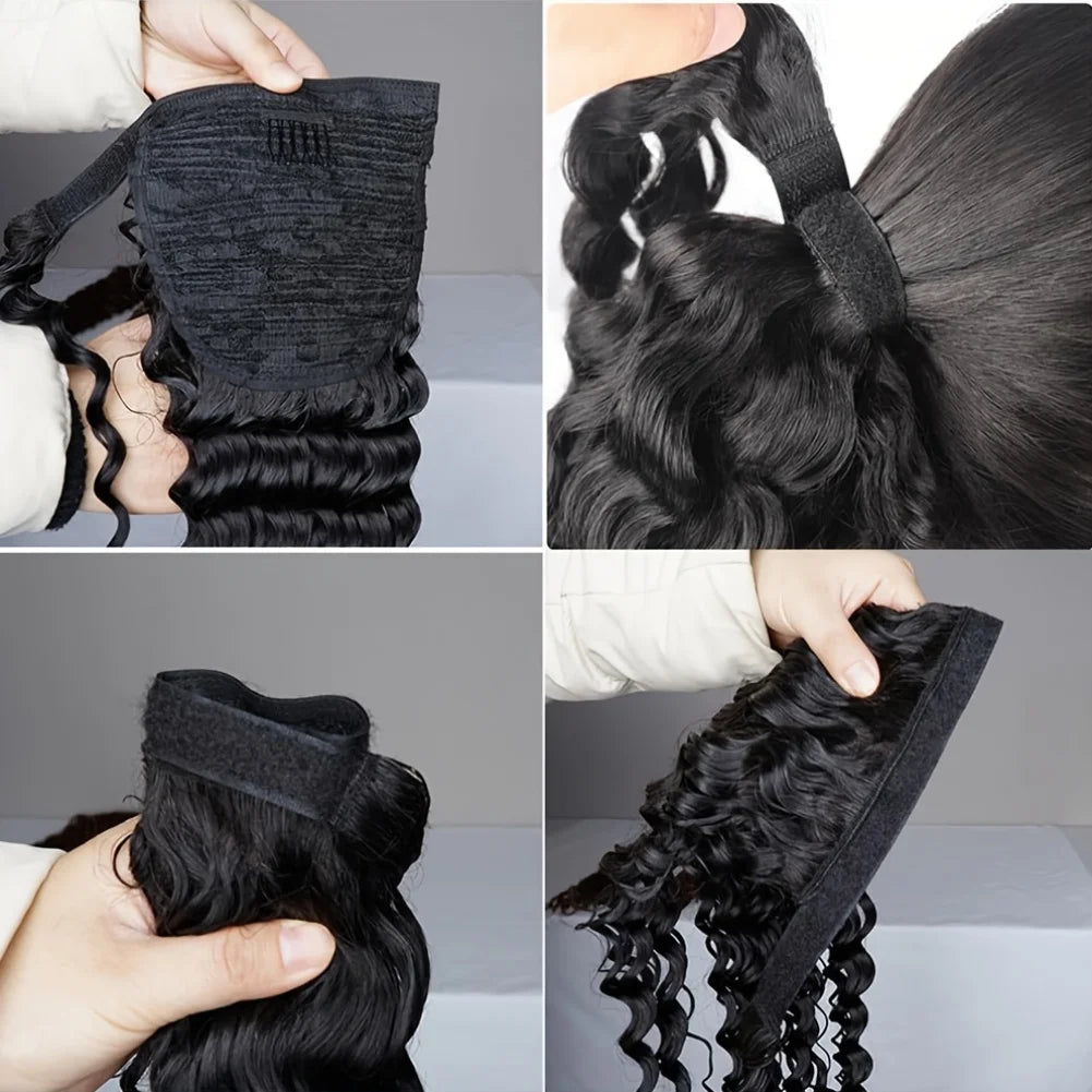 Curly ponytail extension with attachment and construction details