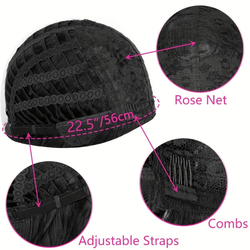Inside of wig cap with adjustment straps and combs