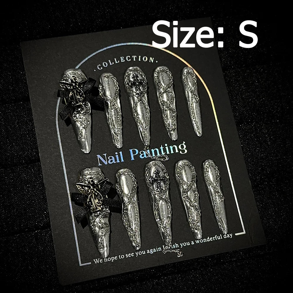 Gem-encrusted press-on nail set with size label