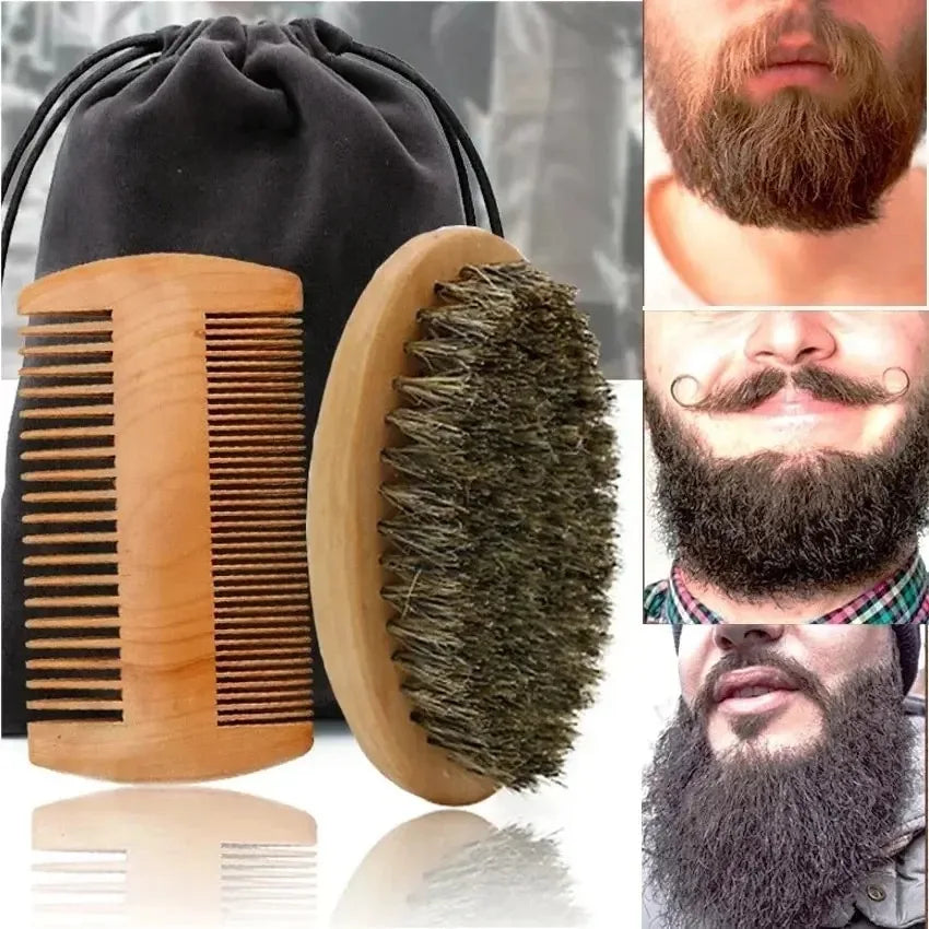 Wooden beard brush with bristle and grooming examples