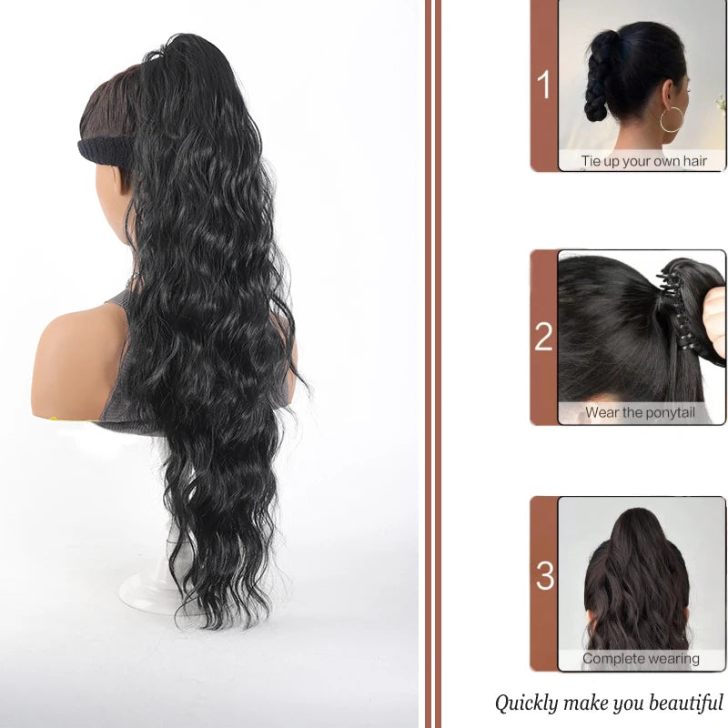 Long wavy ponytail extension with styling and attachment examples