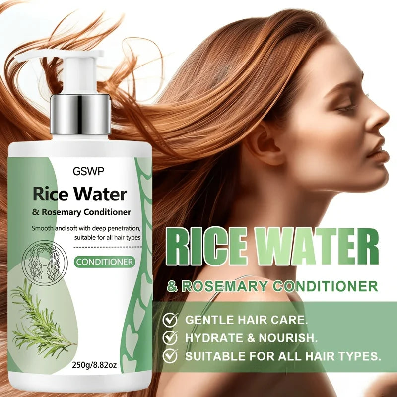 Rice water conditioner with hair care and ingredient illustrations
