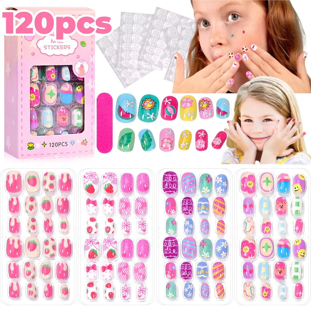 Colorful children's press-on nail sets with assorted decorative designs
