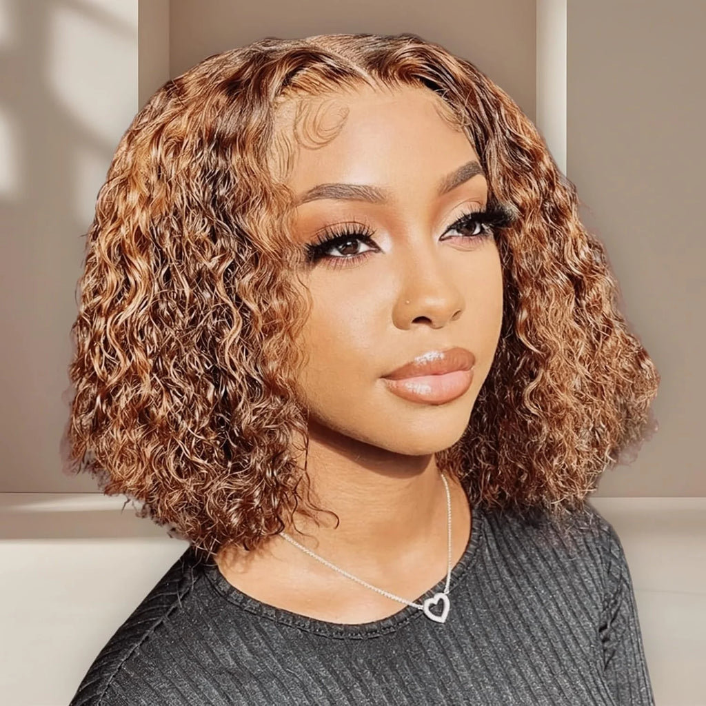 Short highlighted curly bob wig showing its hairstyle and curl texture