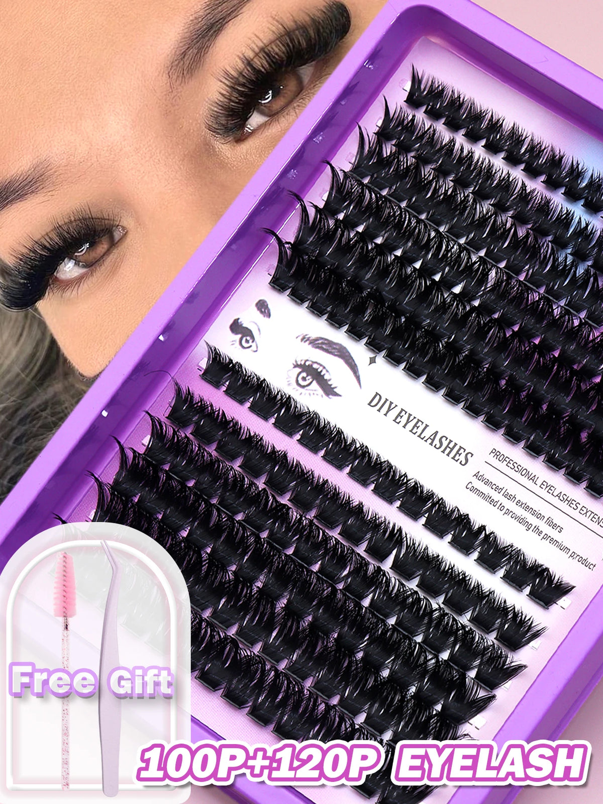 False eyelash clusters arranged in rows in a tray