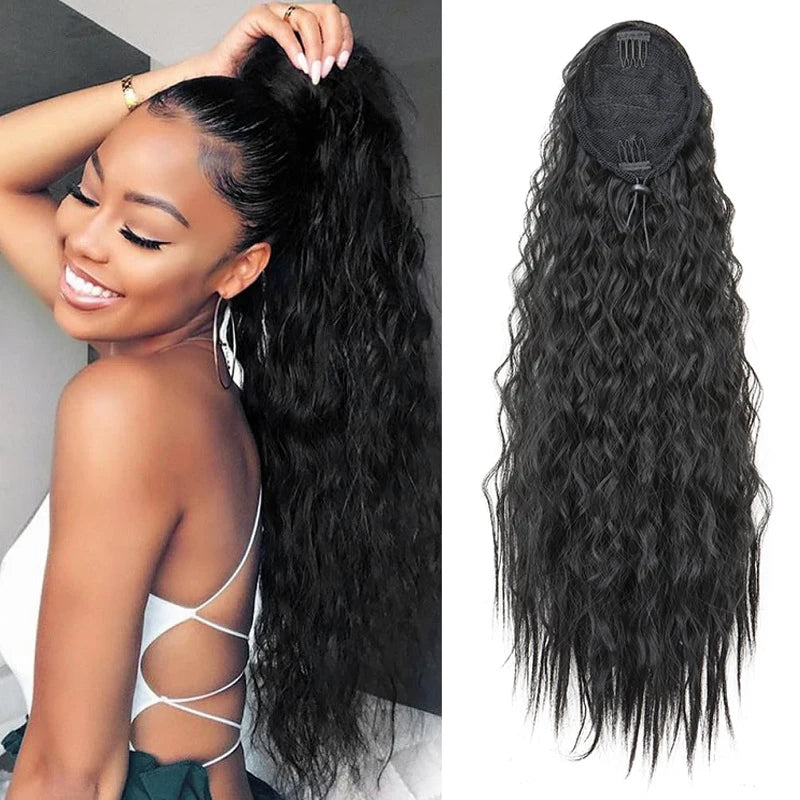 Long curly drawstring ponytail with a styling example