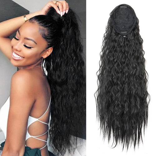 Long curly drawstring ponytail with a styling example