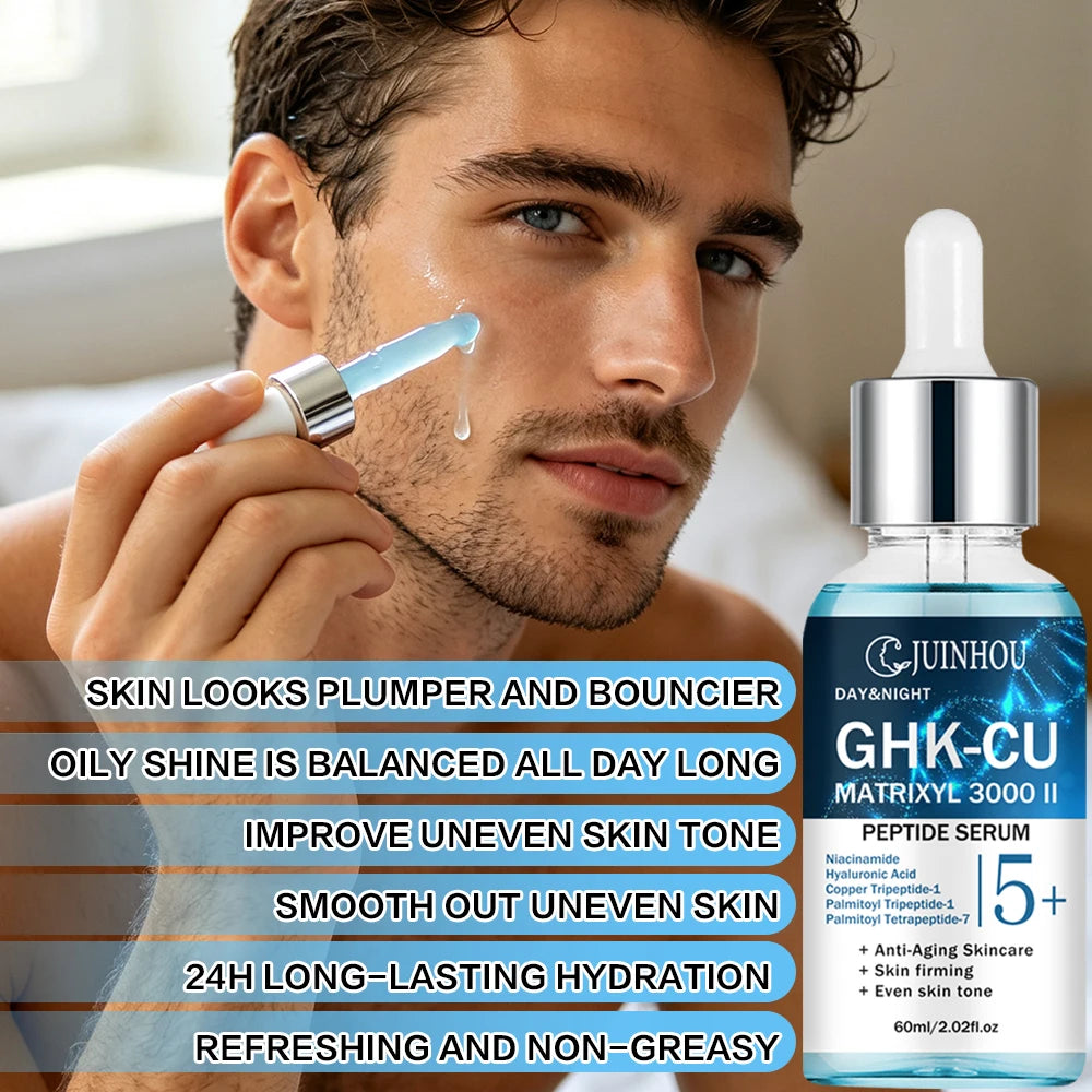 Copper peptide facial serum with skin application and product graphics