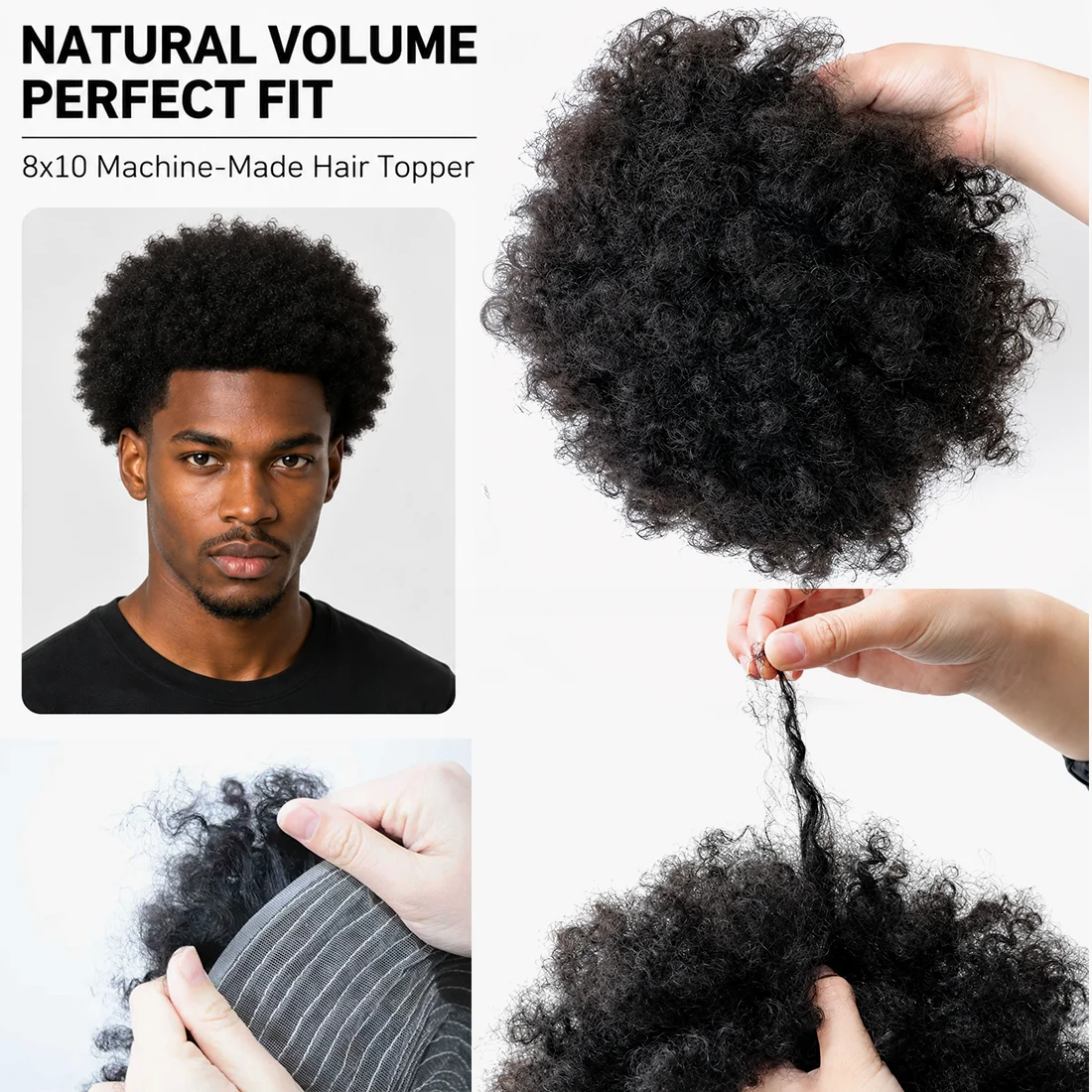 Curly hair toupee with base, size and hair texture details