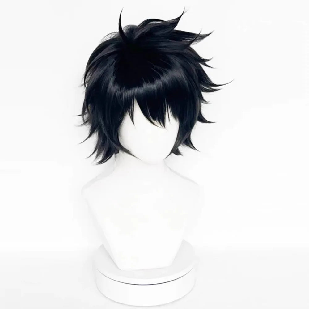 Short spiky dark cosplay wig on a mannequin