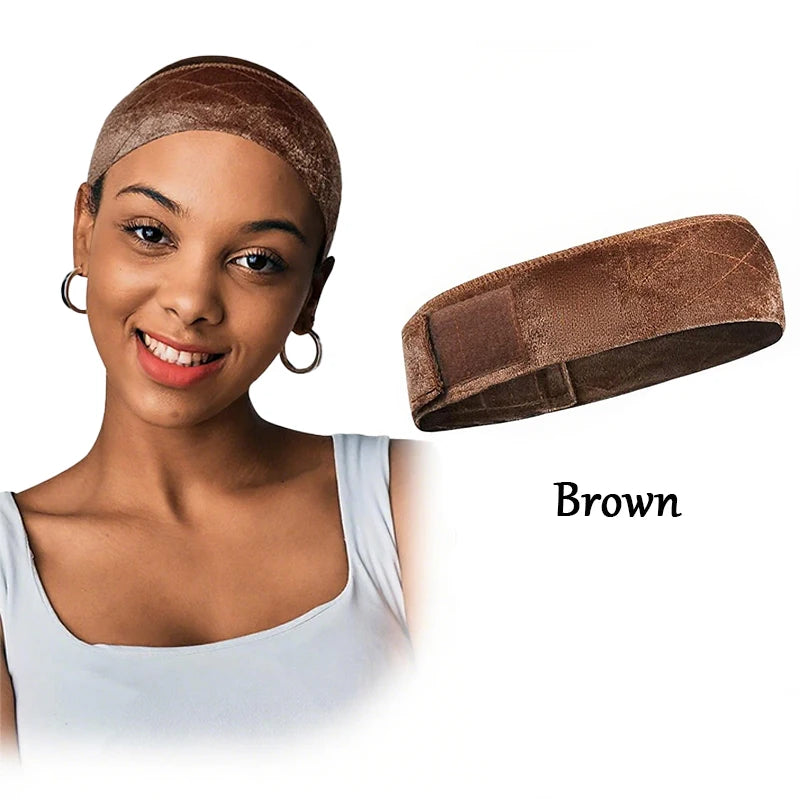 Wig grip headband color shown beside a model wearing it