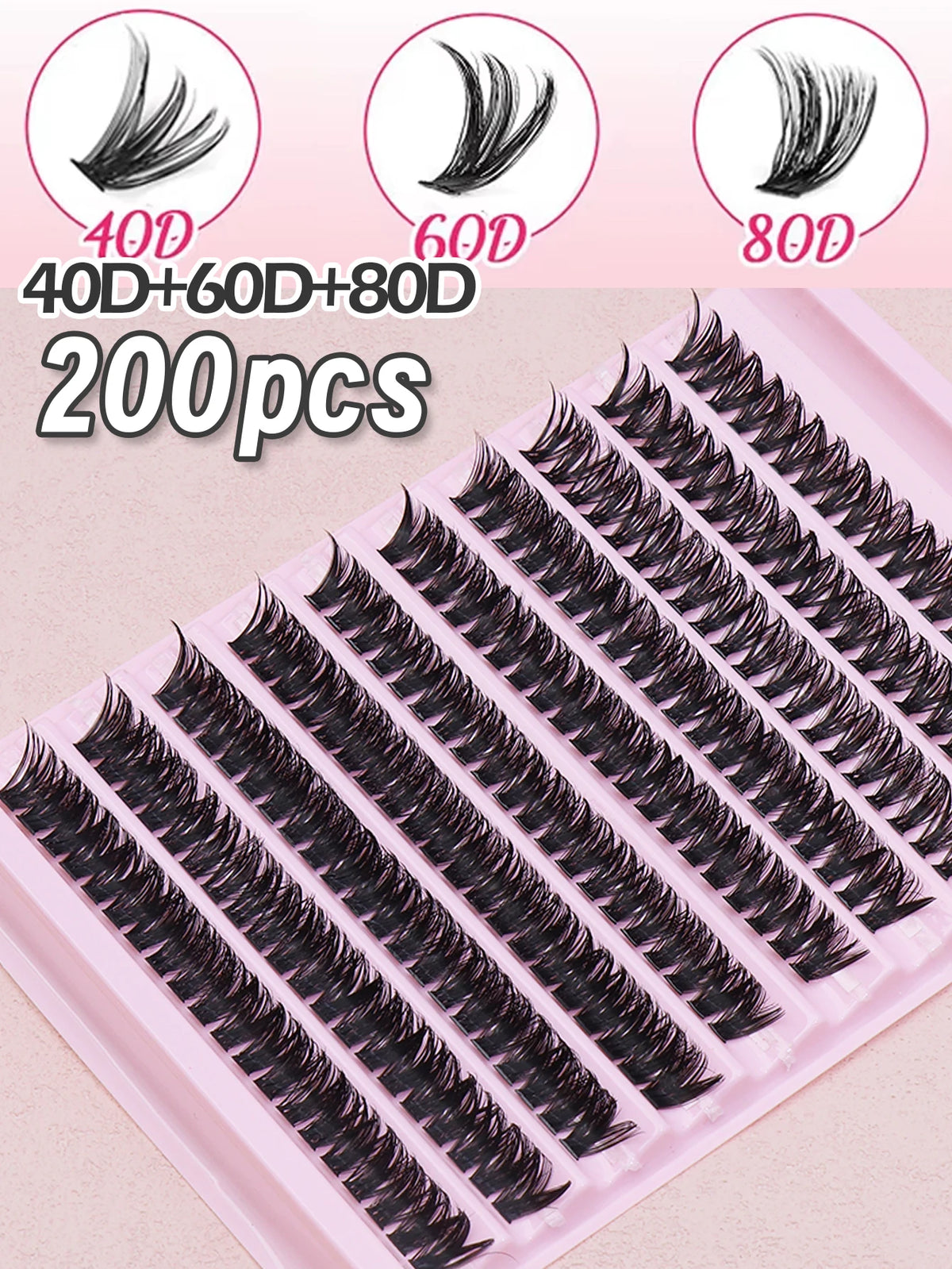 False eyelash clusters arranged in rows in a tray