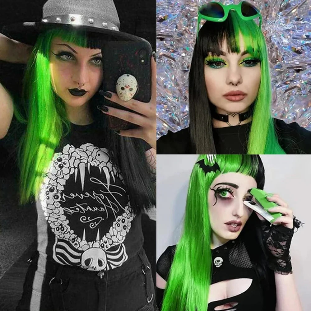 Long black and green straight wig with bangs