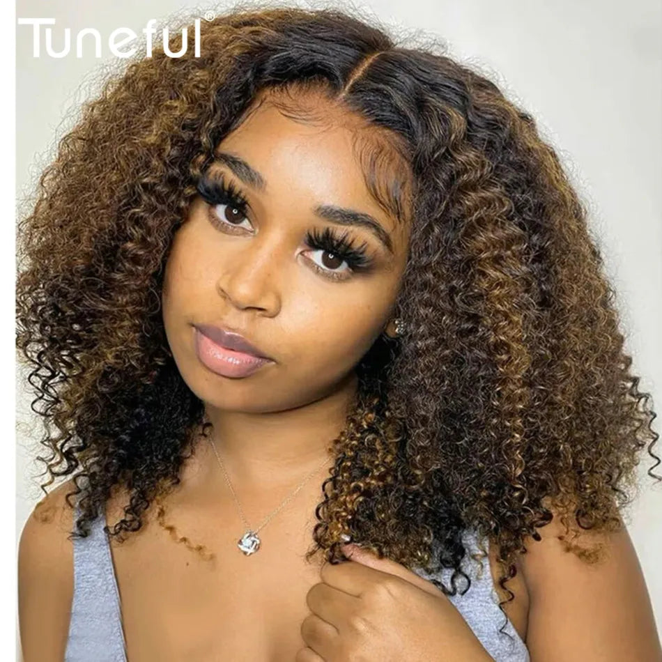 Shoulder-length curly wig shown on a model