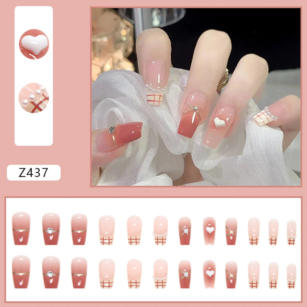 Press-on nail set with manicure example and shade samples