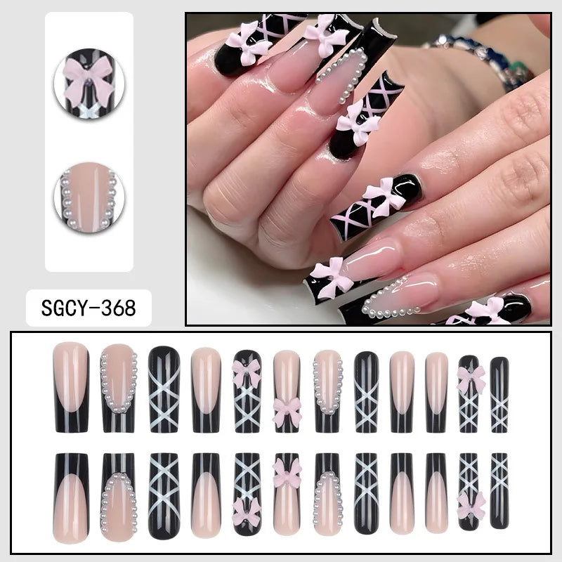 Press-on nail set with manicure example and design samples