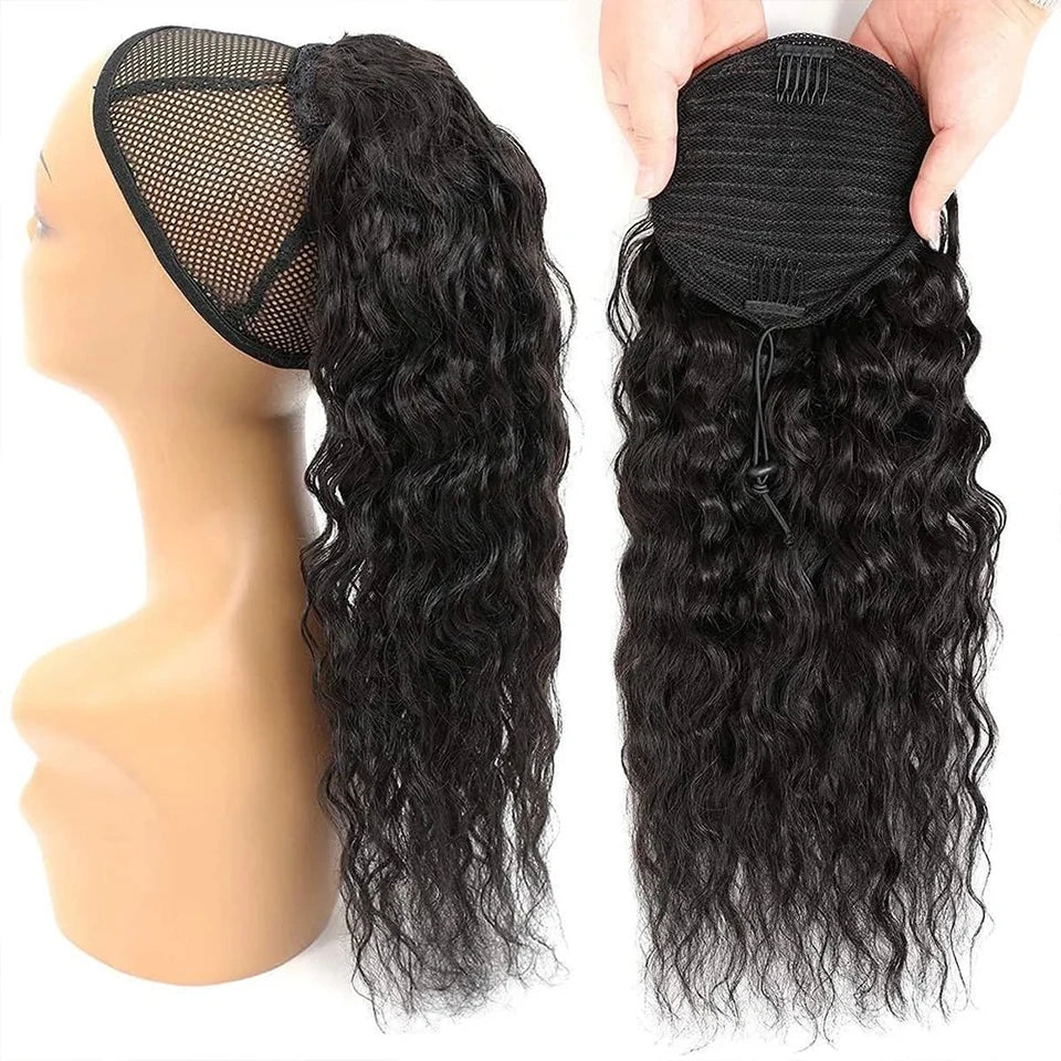 Curly ponytail extension with drawstring and base details