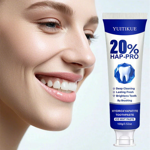 Hydroxyapatite toothpaste tube with smile and tooth care graphics