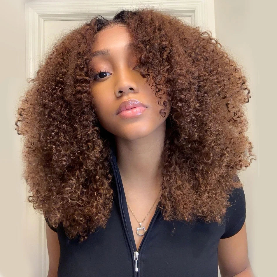 Shoulder-length curly wig shown on a model