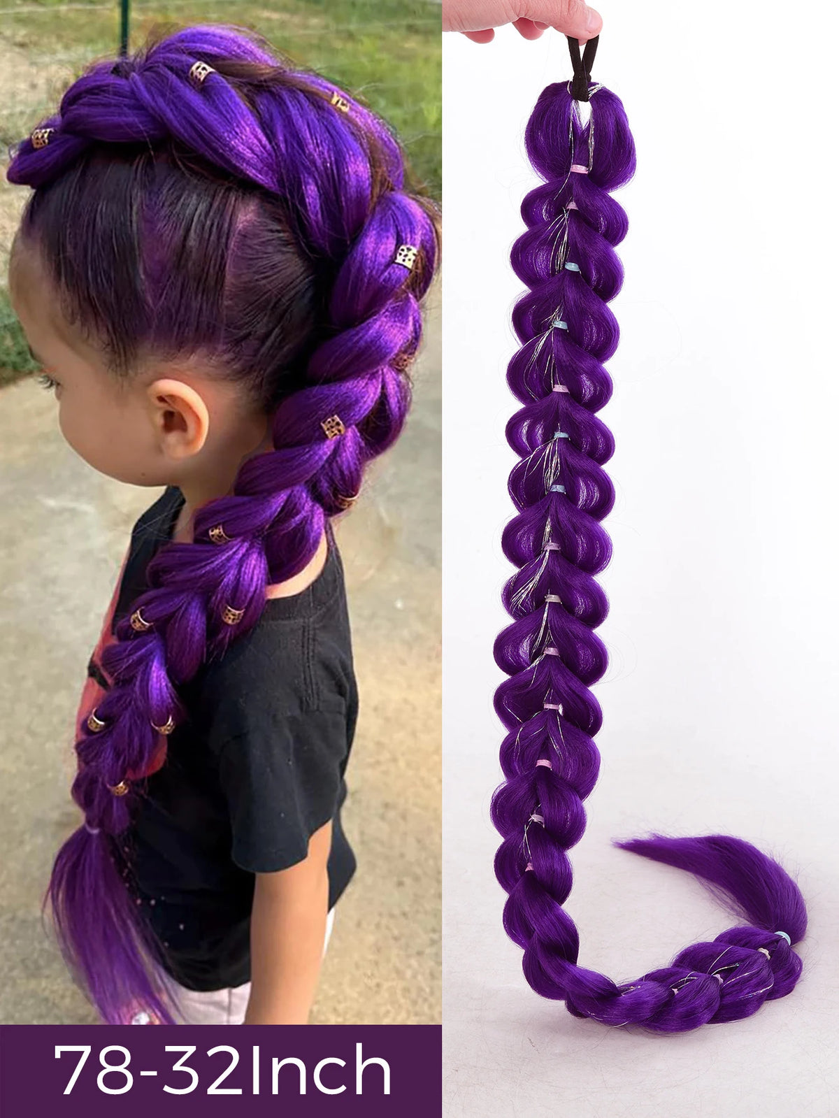 32-Inch Purple Braided Ponytail with Tinsel