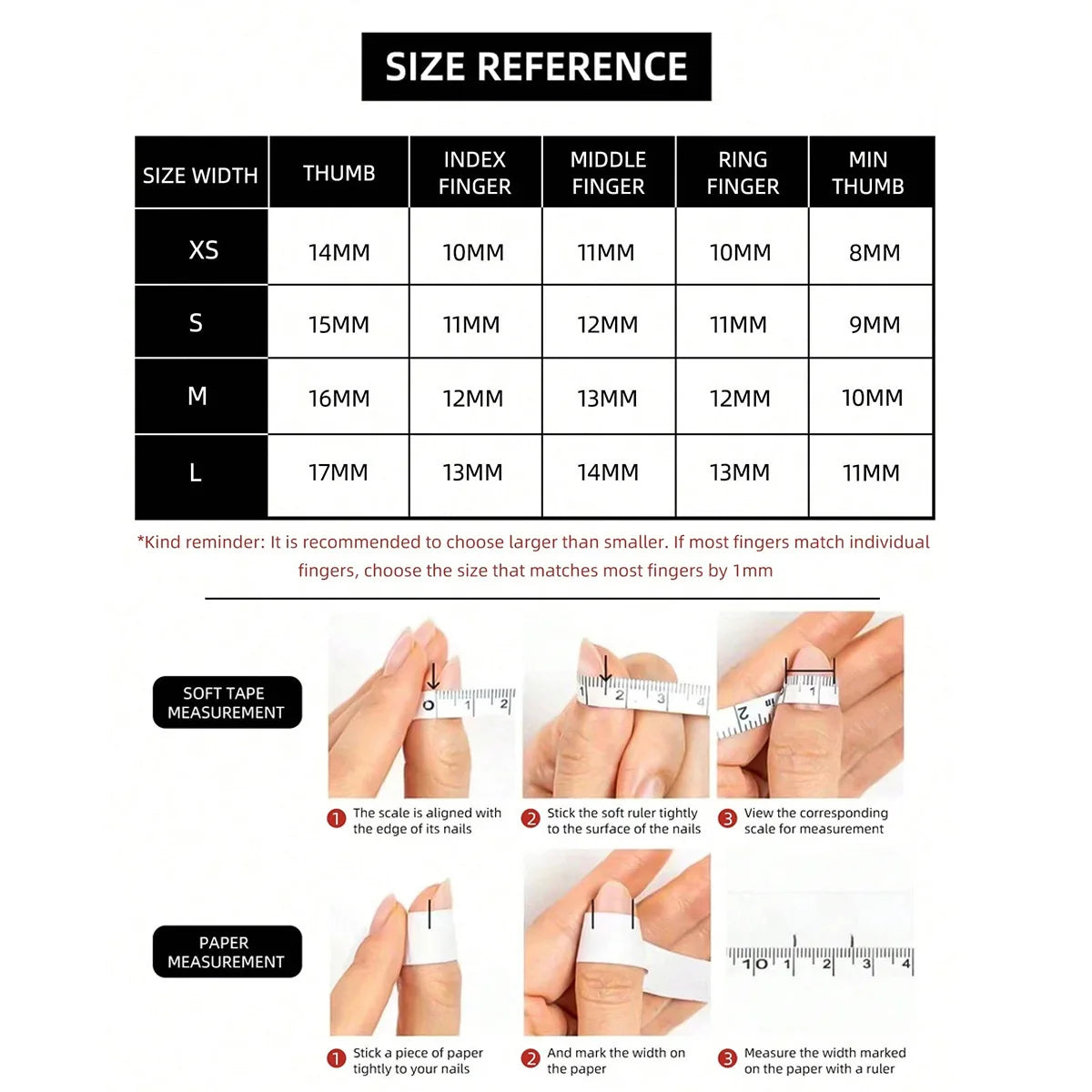 Press-on nail size chart and measurement instructions